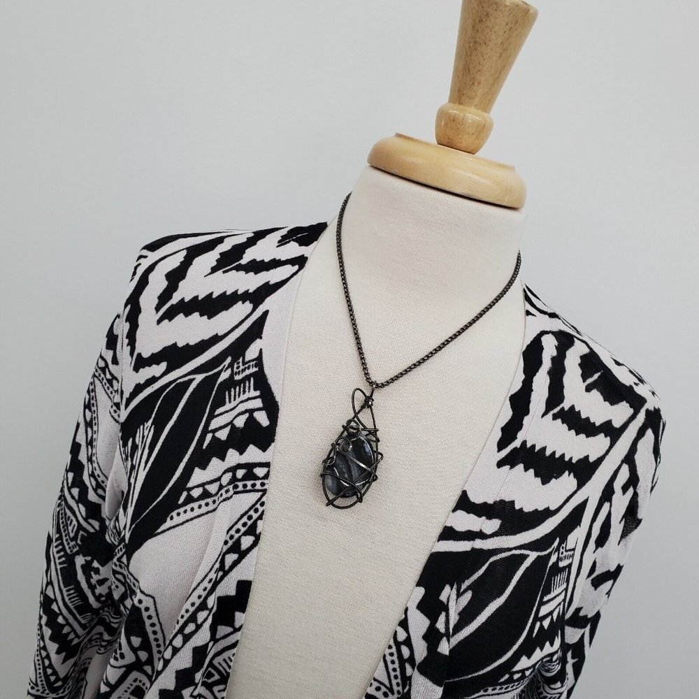 Chico's Womens Black White Open Front Cardigan Sweater Size 2 (L) Ruched Sleeves - Picture 5 of 14